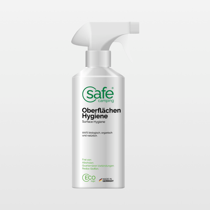 Oberflächenreiniger Wohnmobil Hygiene Spray für zuverlässige Keimreduzierung und frischen Duft nach grünem Pfirsich.